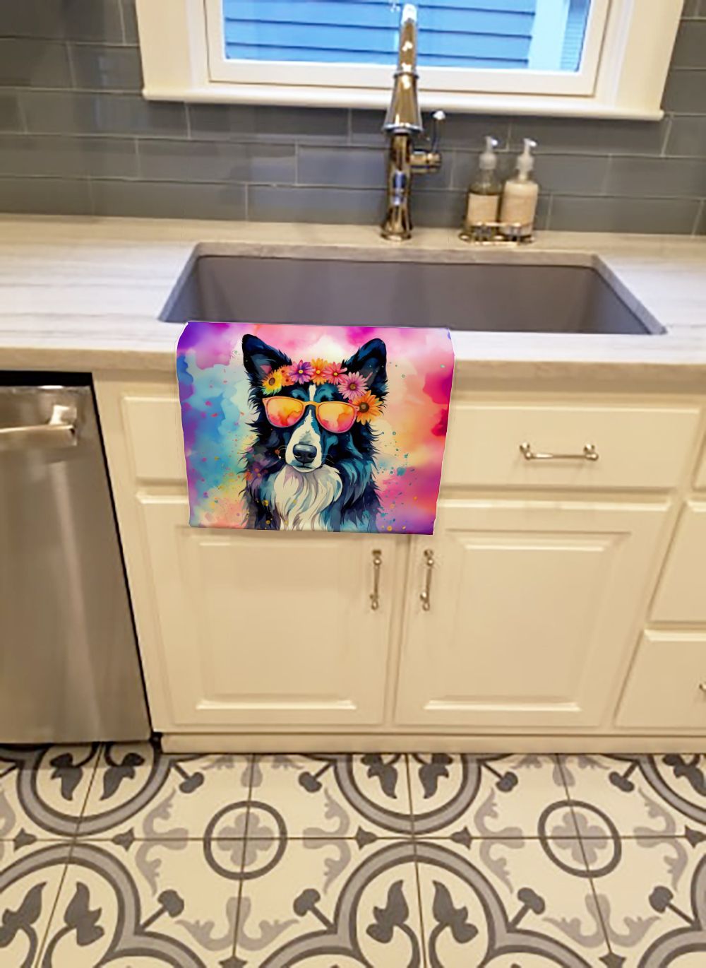 Border Collie Hippie Dawg Kitchen Towel Dish Cloths Guest Hand Towel Decorative Bathroom Towel for Face,Tea, Dishcloth, Kitchen and Bath