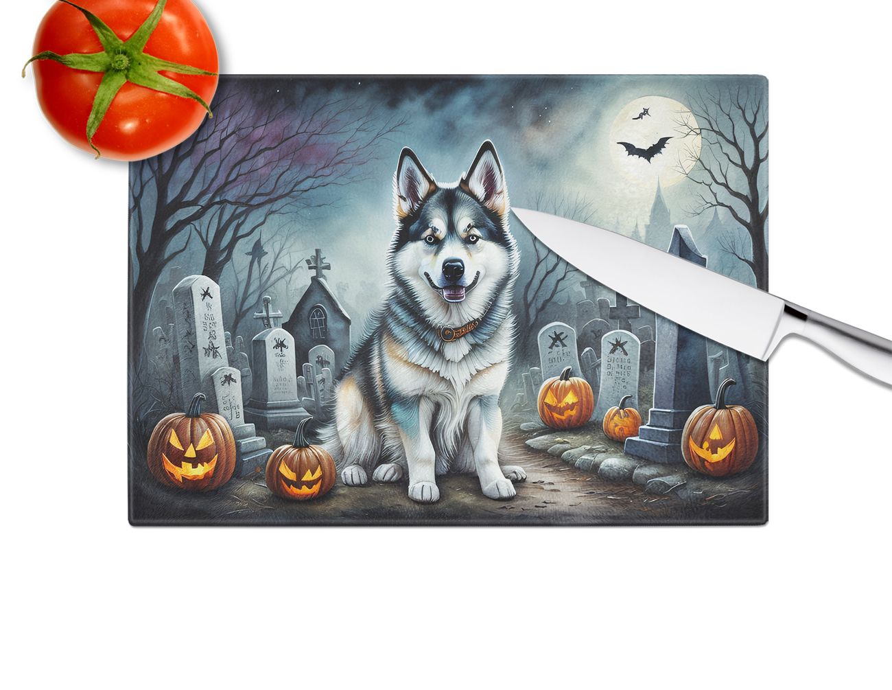 NEW Alaskan Malamute Spooky Halloween Glass Cutting Board Decorative Tempered Glass Kitchen Cutting and Serving Board Large Size Chopping Board