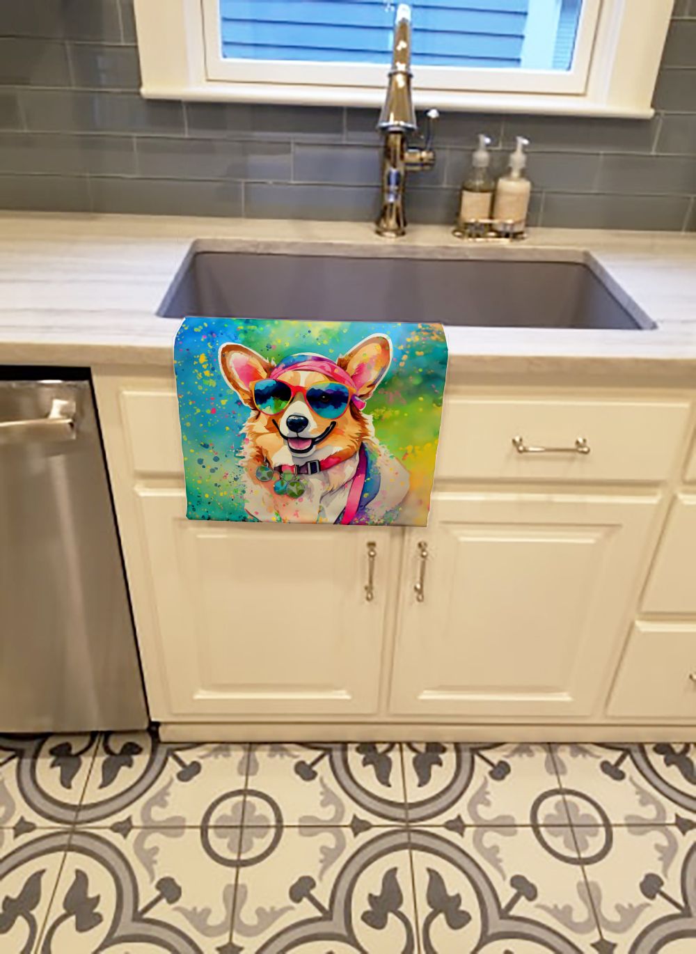 Corgi Hippie Dawg Kitchen Towel Dish Cloths Guest Hand Towel Decorative Bathroom Towel for Face,Tea, Dishcloth, Kitchen and Bath