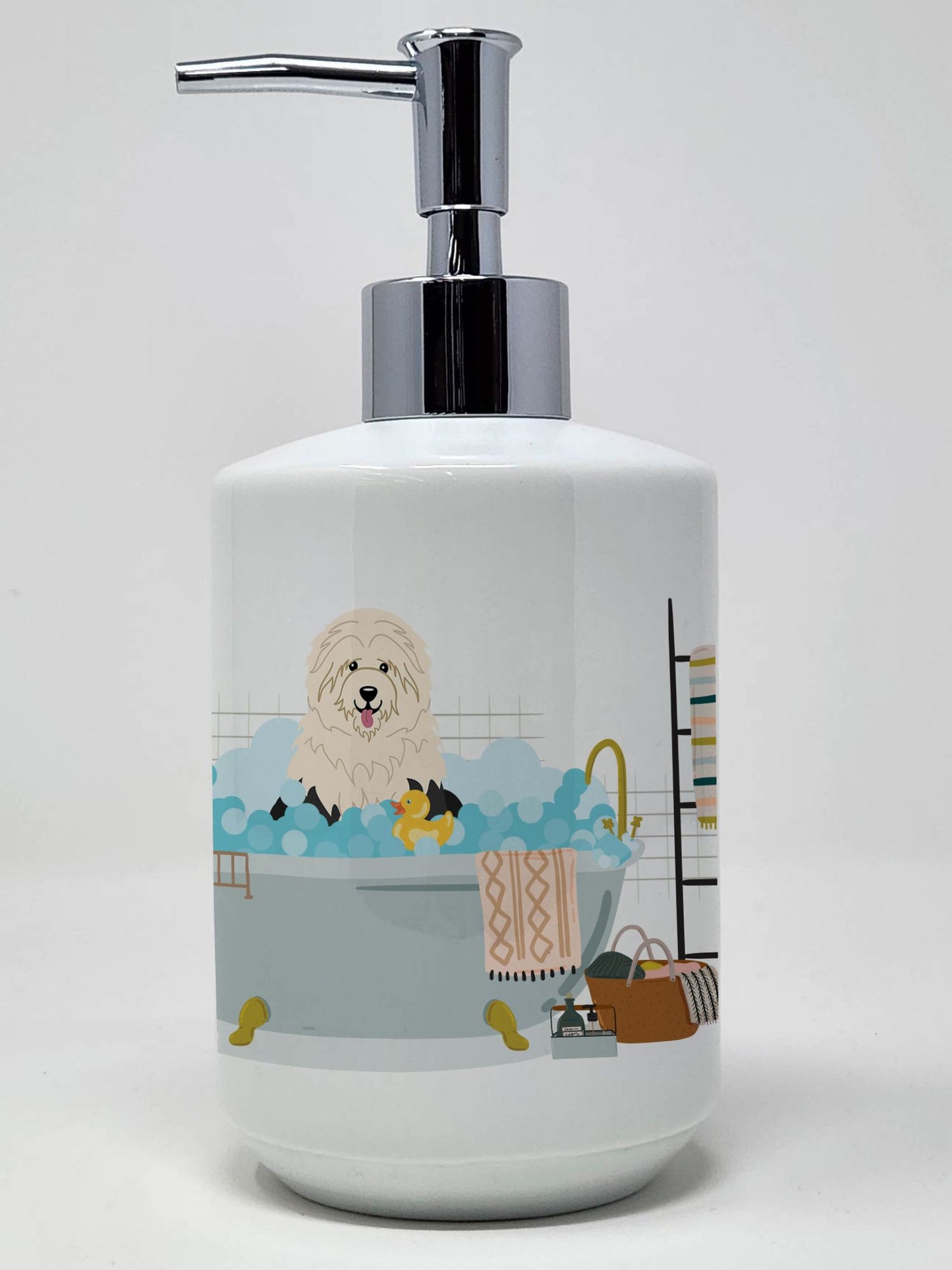 Old English Sheepdog in Bathtub Ceramic Soap Dispenser Hand Soap Dispenser Pump Bottles for Bathroom Kitchen, Empty Refillable Liquid Soap Container