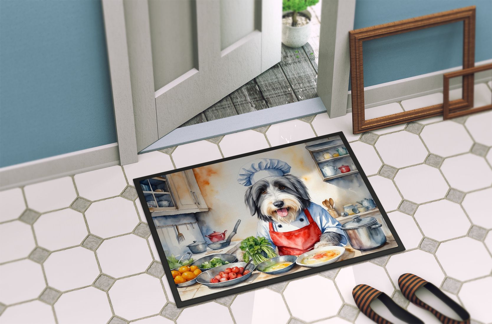 Bearded Collie The Chef Doormat Front Door Mat Indoor Outdoor Rugs for Entryway, Non Slip Washable Low Pile, 24H X 36W