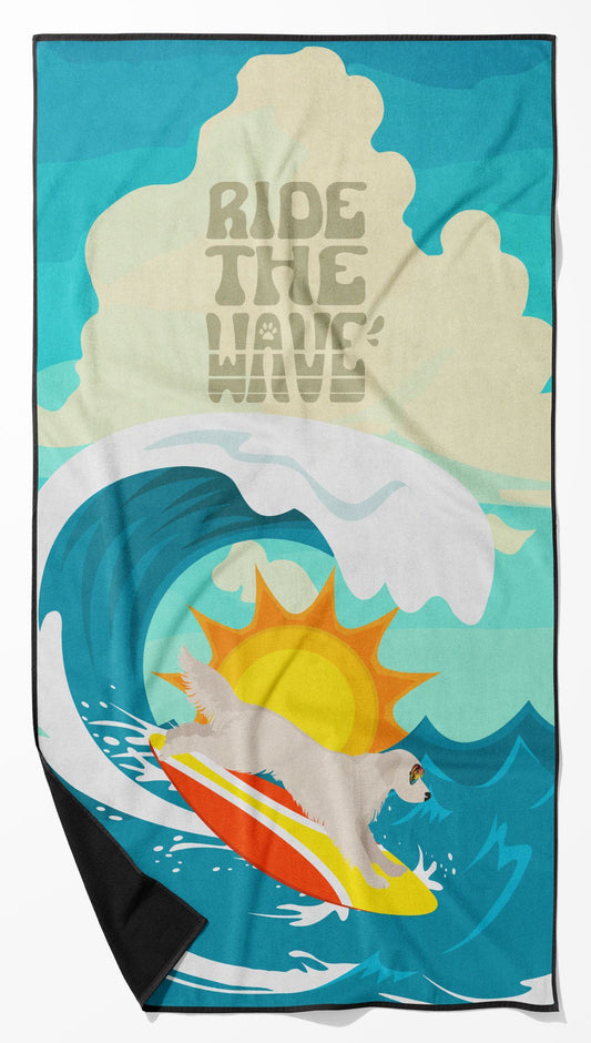 Surfer Dog Cream Golden Retriever Premium Beach Towel Oversized Towel Beach Blanket, Pool, Beach Essentials, Yoga, Premium Bath Towel, Quick Dry Plush