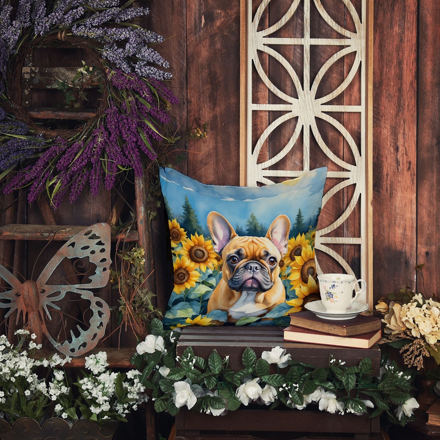 French Bulldog in Sunflowers Throw Pillow Machine Washable, Indoor Outdoor Decorative Pillow for Couch, Bed or Patio, 14Hx14W