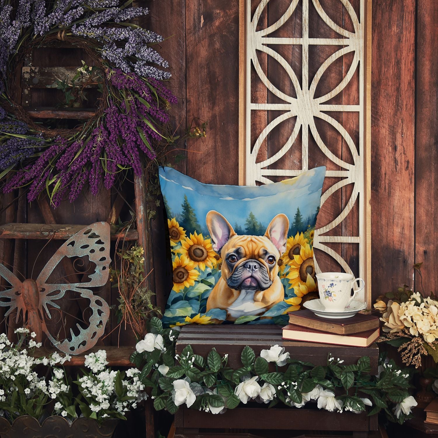 French Bulldog in Sunflowers Throw Pillow Machine Washable, Indoor Outdoor Decorative Pillow for Couch, Bed or Patio, 14Hx14W