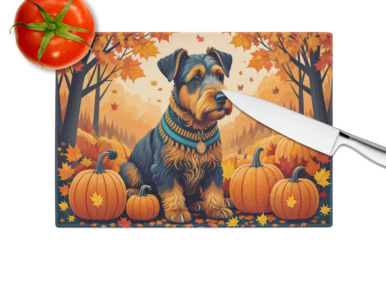 NEW Airedale Terrier Fall Glass Cutting Board Decorative Tempered Glass Kitchen Cutting and Serving Board Large Size Chopping Board