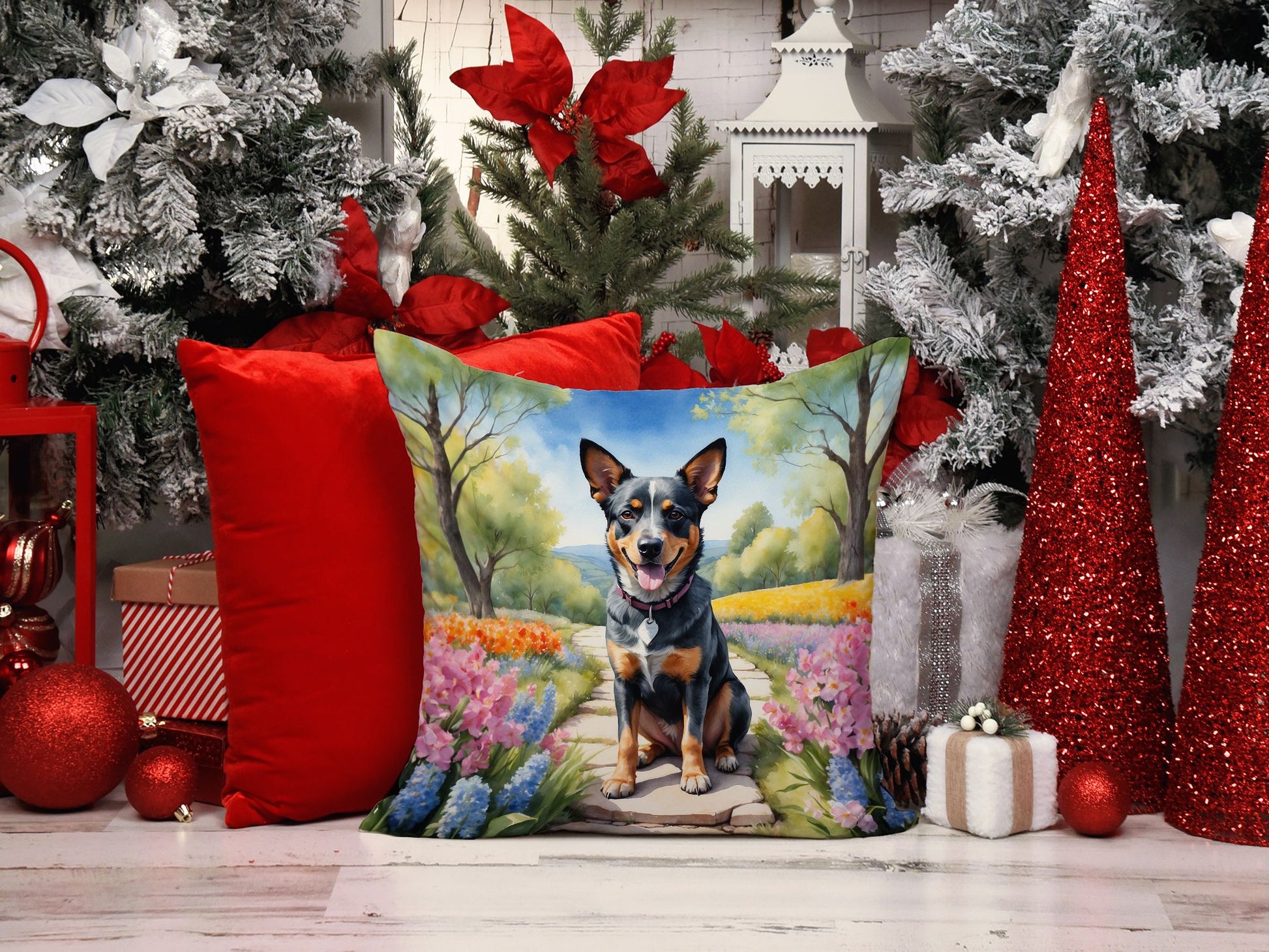 Australian Cattle Dog Spring Garden Throw Pillow Machine Washable, Indoor Outdoor Decorative Pillow for Couch, Bed or Patio, 14Hx14W