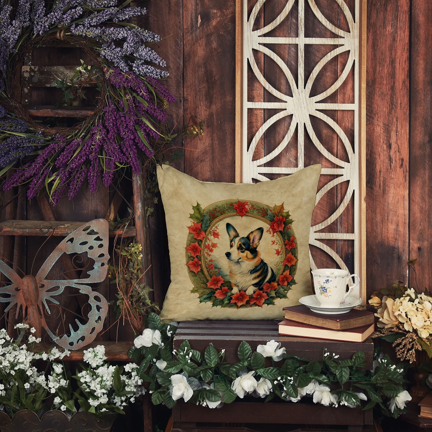 Corgi Christmas Flowers Throw Pillow Machine Washable, Indoor Outdoor Decorative Pillow for Couch, Bed or Patio, 14Hx14W