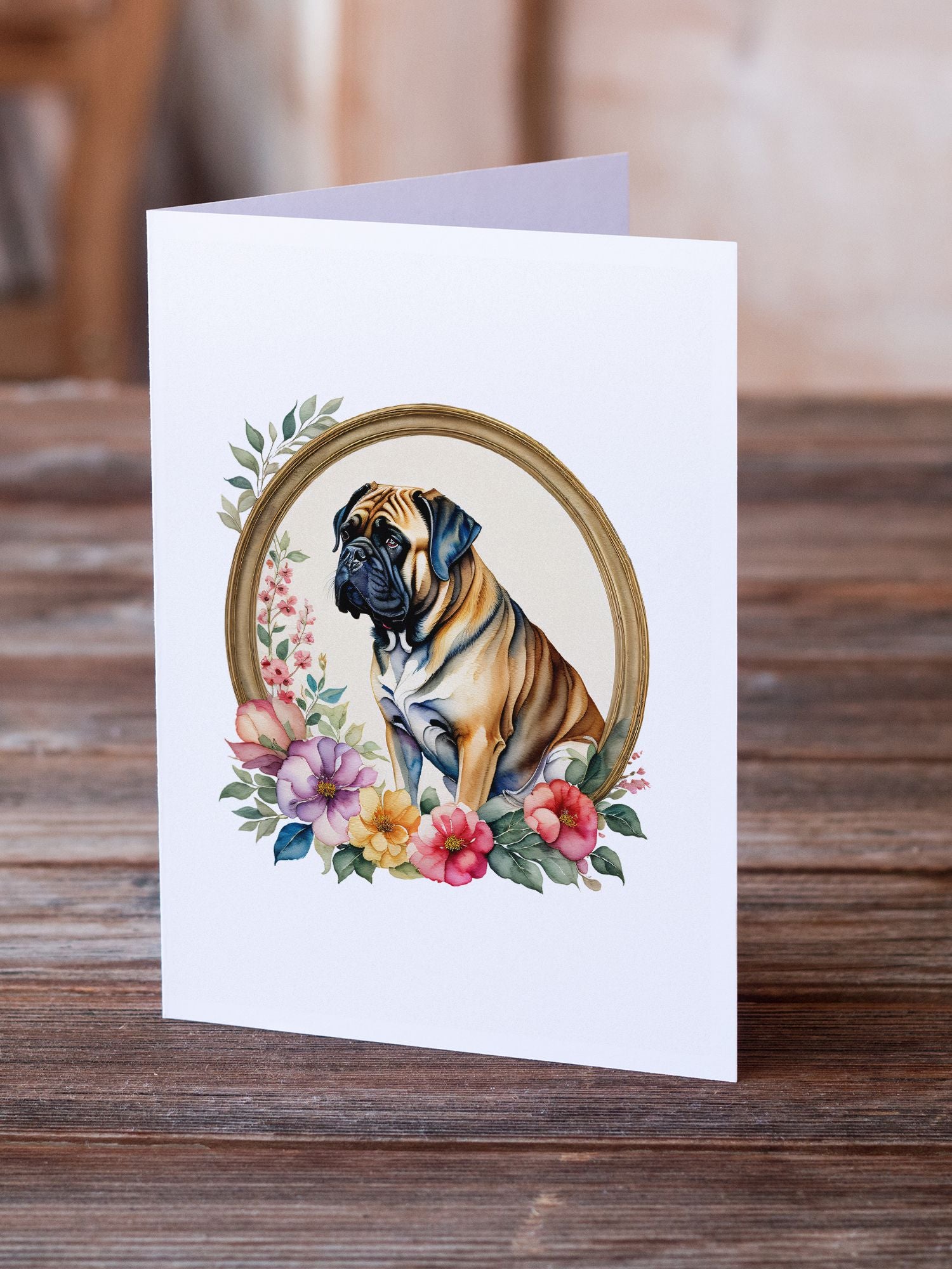 Mastiff and Flowers Greeting Cards Pack of 8 Blank Cards with Envelopes Whimsical A7 Size 5x7 Blank Note Cards