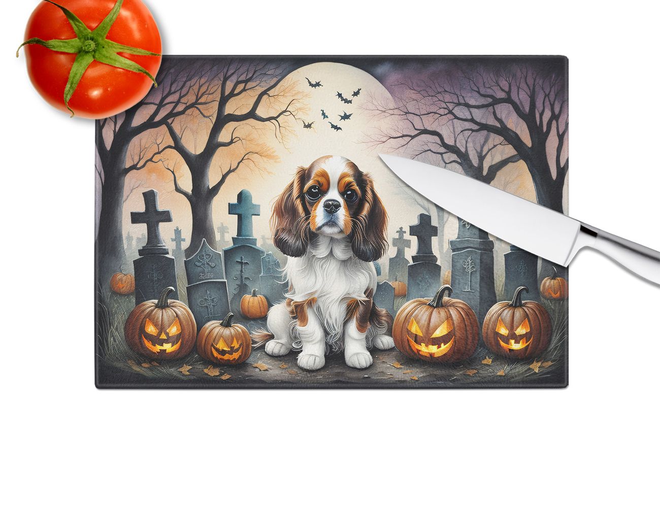 NEW Cavalier Spaniel Spooky Halloween Glass Cutting Board Decorative Tempered Glass Kitchen Cutting and Serving Board Large Size Chopping Board