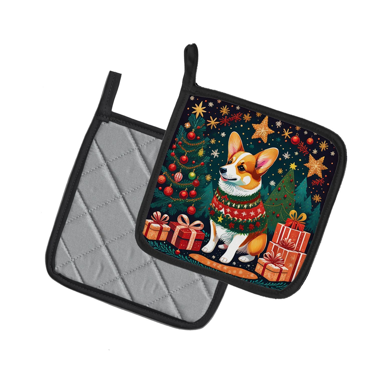Corgi Christmas Pair of Pot Holders Kitchen Heat Resistant Pot Holders Sets Oven Hot Pads for Cooking Baking BBQ, 7 1/2 x 7 1/2