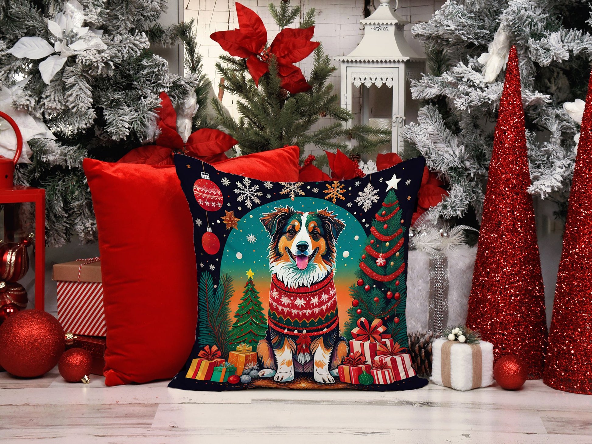 Australian Shepherd Christmas Throw Pillow Machine Washable, Indoor Outdoor Decorative Pillow for Couch, Bed or Patio, 14Hx14W