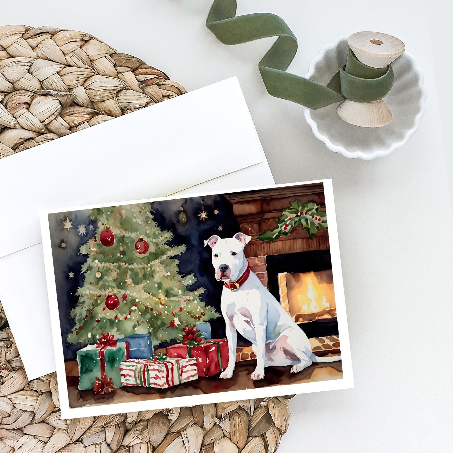 NEW White Pit Bull Terrier Christmas Greeting Cards Pack of 8 Blank Cards with Envelopes Whimsical A7 Size 5x7 Blank Note Cards