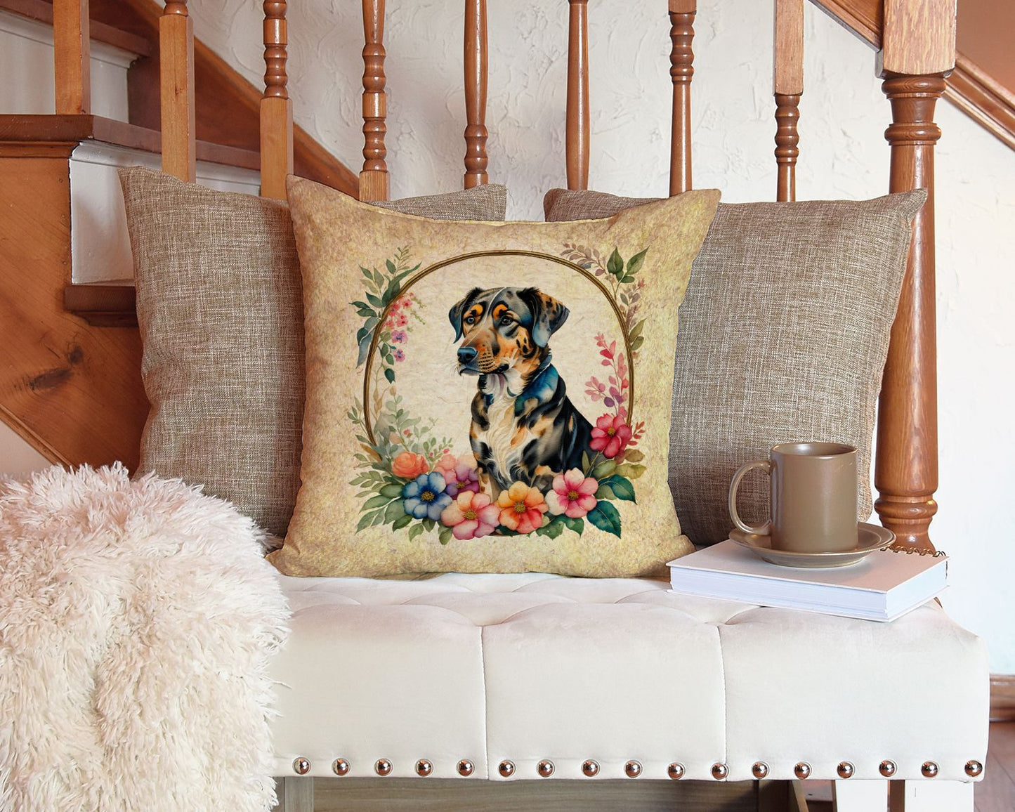 Catahoula Leopard Dog and Flowers Throw Pillow Machine Washable, Indoor Outdoor Decorative Pillow for Couch, Bed or Patio, 14Hx14W