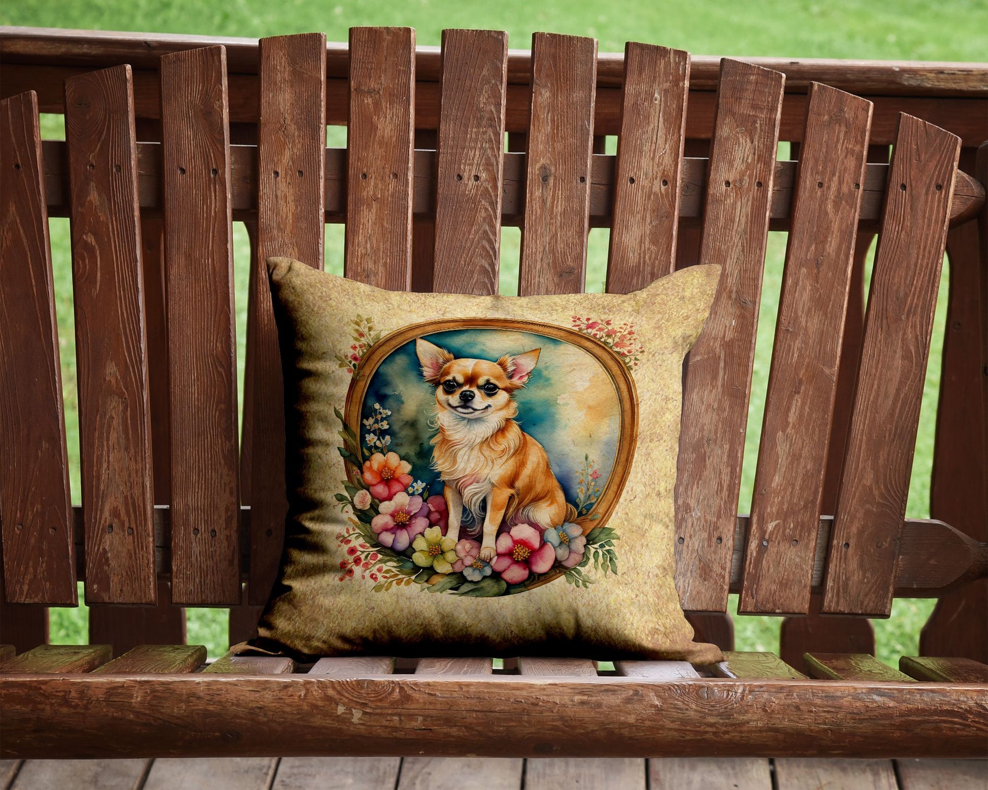 Chihuahua and Flowers Throw Pillow Machine Washable, Indoor Outdoor Decorative Pillow for Couch, Bed or Patio, 14Hx14W
