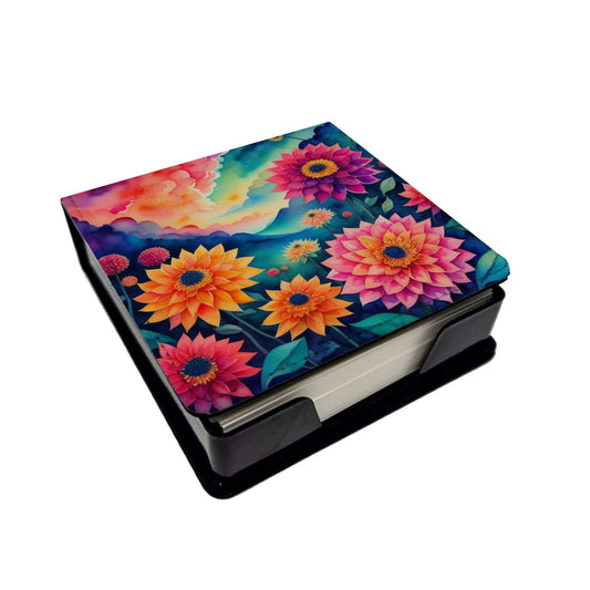 Colorful Dahlias PU Leather Note Paper Holder with Artist-Designed Cover, Desk Accessory, Office Gift