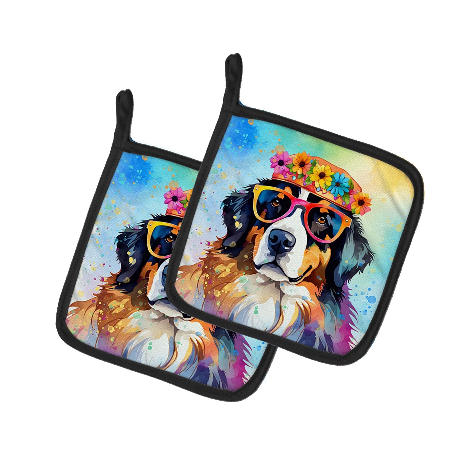 Bernese Mountain Dog Hippie Dawg Pair of Pot Holders Kitchen Heat Resistant Pot Holders Sets Oven Hot Pads for Cooking Baking BBQ, 7 1/2 x 7 1/2