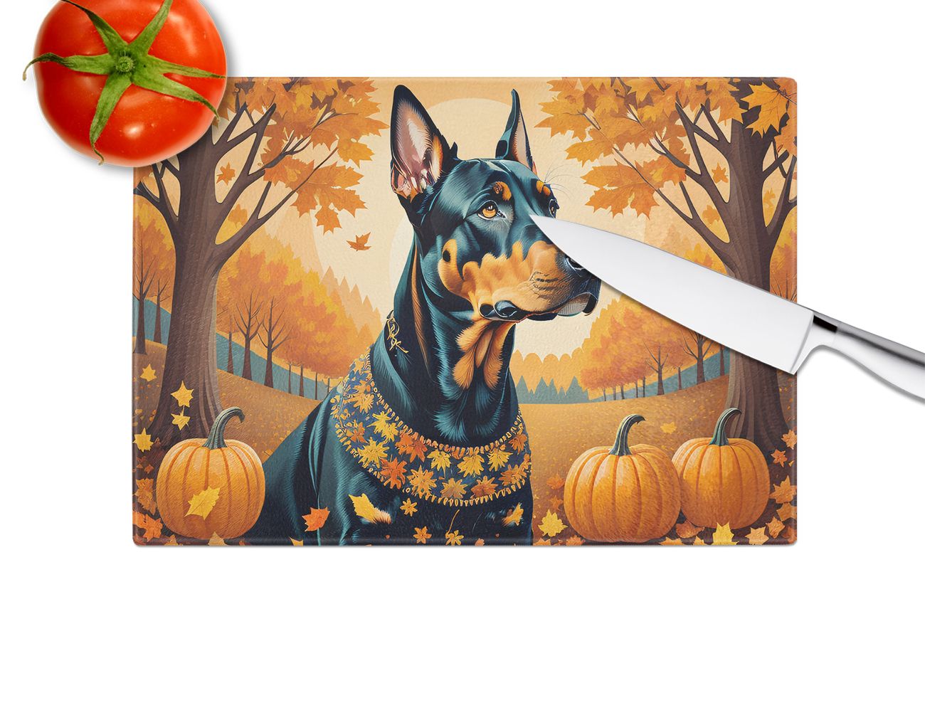 NEW Doberman Pinscher Fall Glass Cutting Board Decorative Tempered Glass Kitchen Cutting and Serving Board Large Size Chopping Board