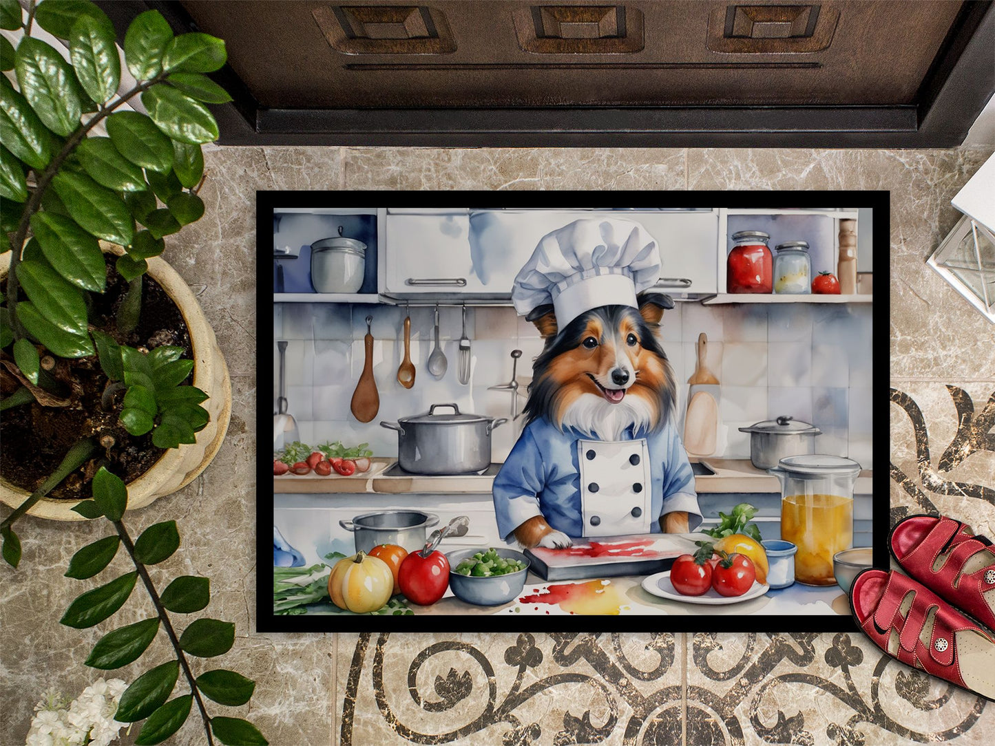Sheltie The Chef Doormat Front Door Mat Indoor Outdoor Rugs for Entryway, Non Slip Washable Low Pile, 24H X 36W