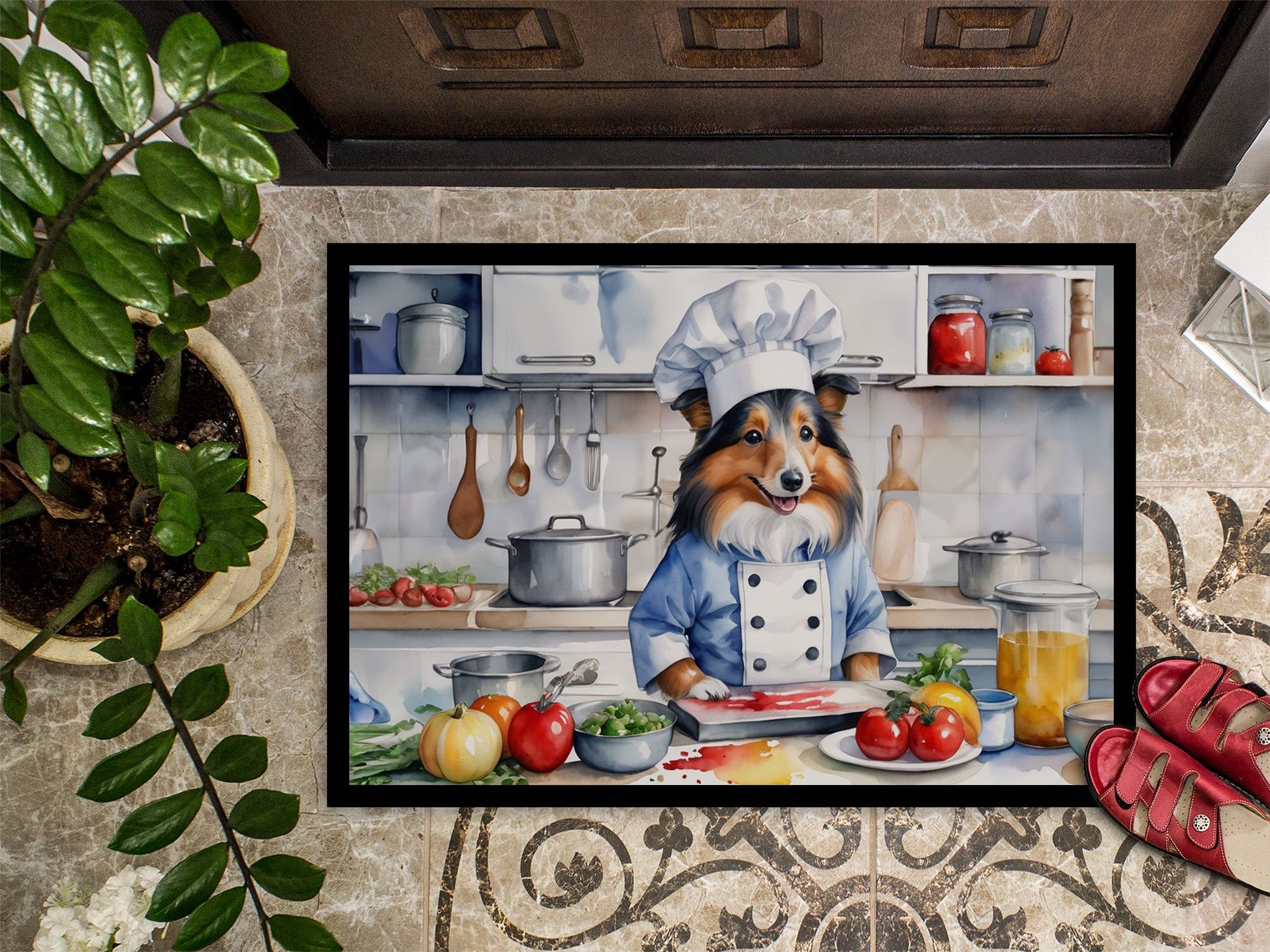 Sheltie The Chef Doormat Front Door Mat Indoor Outdoor Rugs for Entryway, Non Slip Washable Low Pile, 24H X 36W