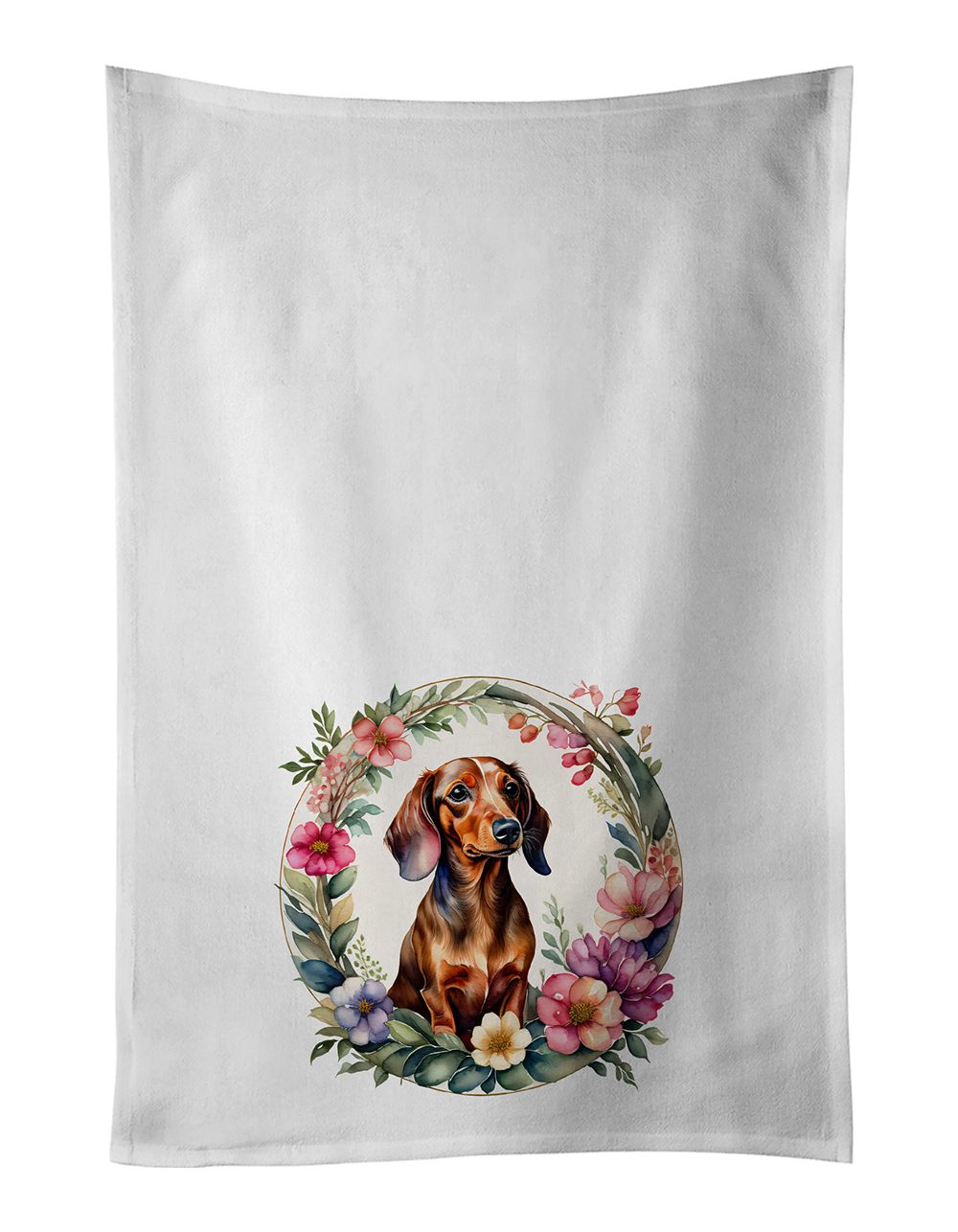 Dachshund and Flowers Kitchen Towel Set of 2 White Dish Towels Decorative Bathroom Hand towel for Hand, Face, Hair, Yoga, Tea, Dishcloth, 19 X 28", White