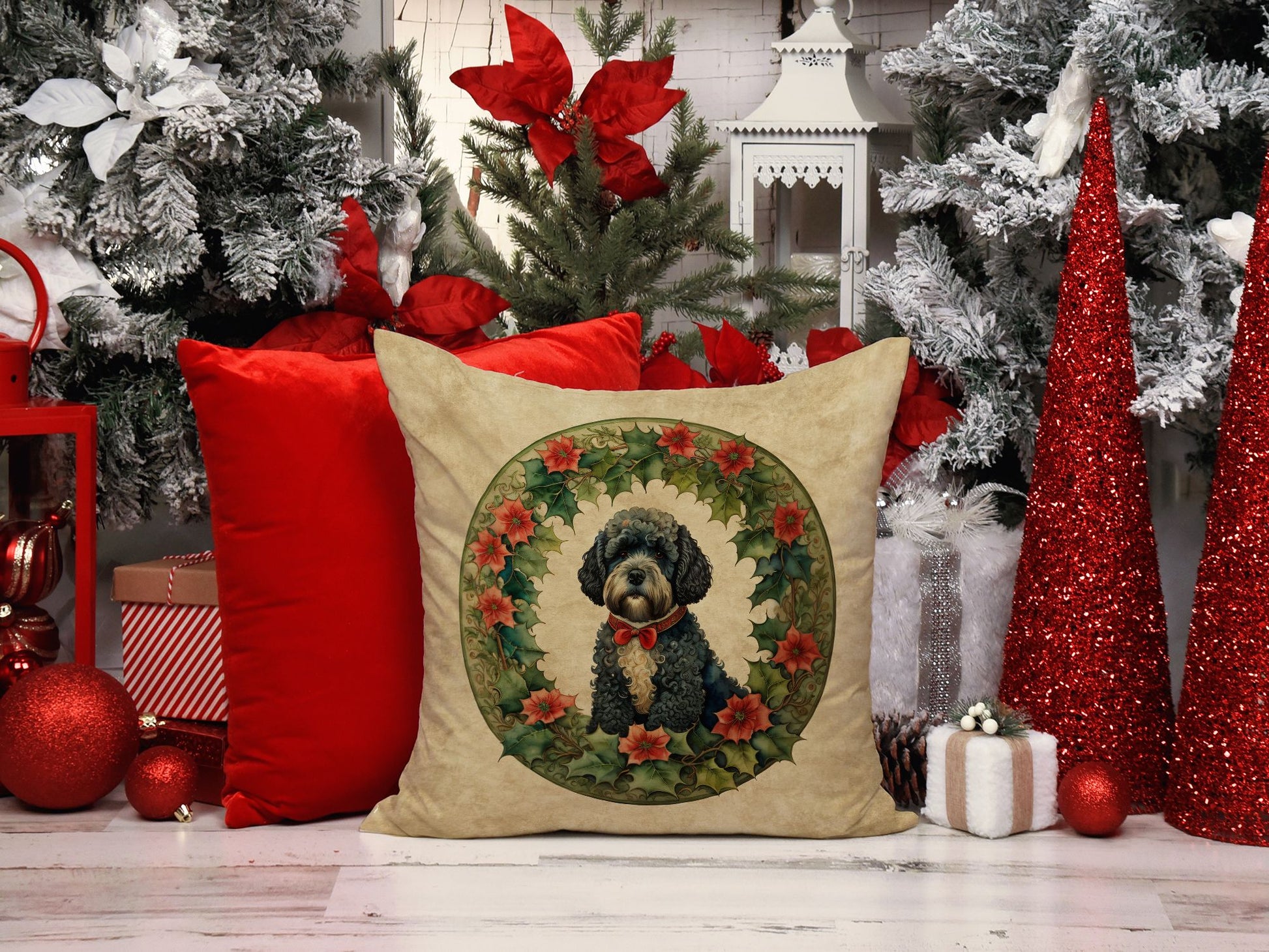 Portuguese Water Dog Christmas Flowers Throw Pillow Machine Washable, Indoor Outdoor Decorative Pillow for Couch, Bed or Patio, 14Hx14W