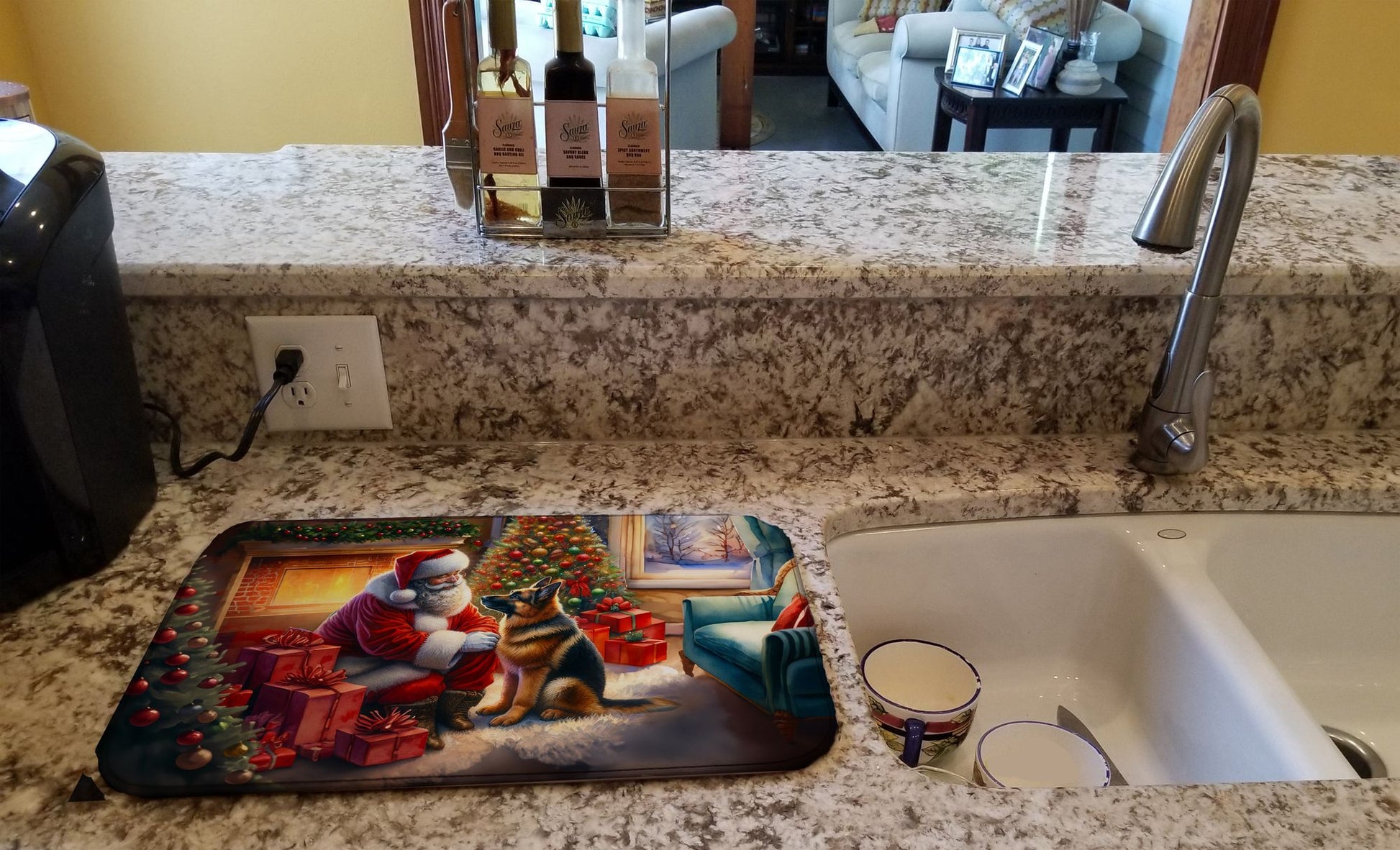 German Shepherd and Santa Claus Dish Drying Mat Absorbent Dish Drying Mat Pad for Kitchen Counter Dish Drainer Mat for Countertop, 14 x 21", Multicolor
