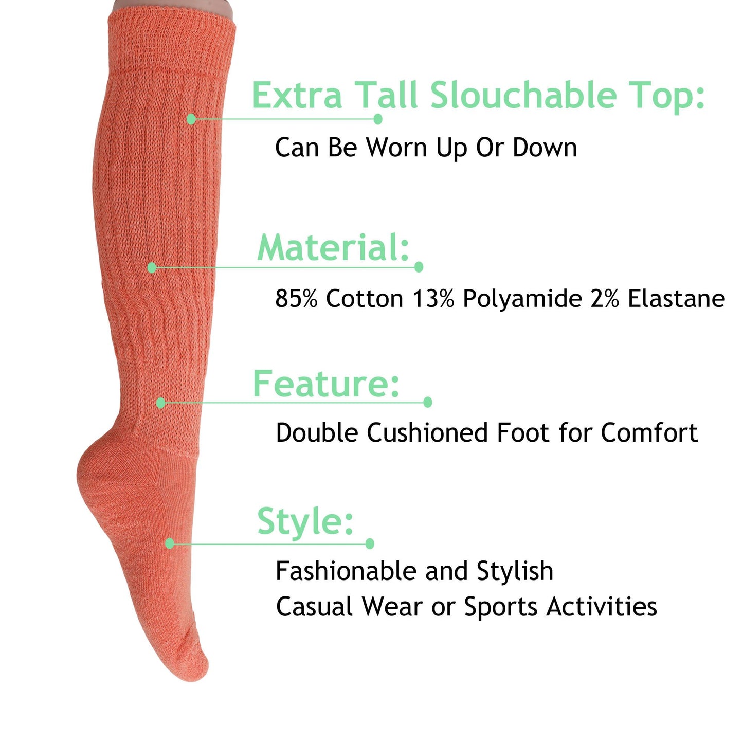 Women's Extra Long Slouch Scrunch Socks Knee High, Cotton Blend, Pack of 2, Fits Shoe Sizes 5-10, 80s Style, 28 Colors