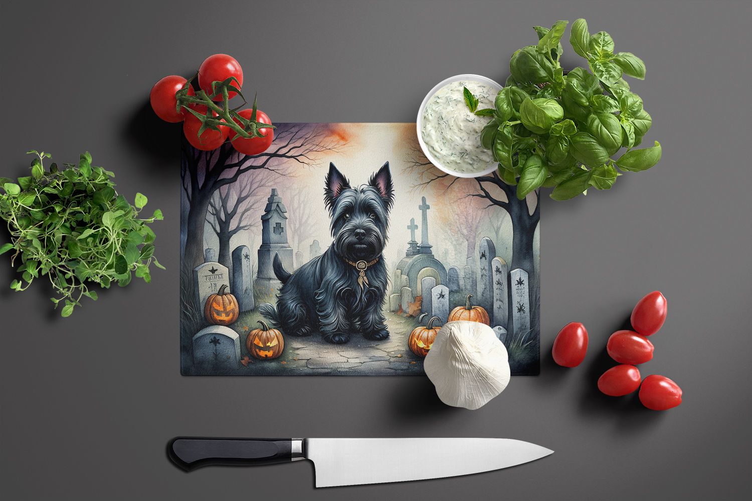 NEW Scottish Terrier Spooky Halloween Glass Cutting Board Decorative Tempered Glass Kitchen Cutting and Serving Board Large Size Chopping Board