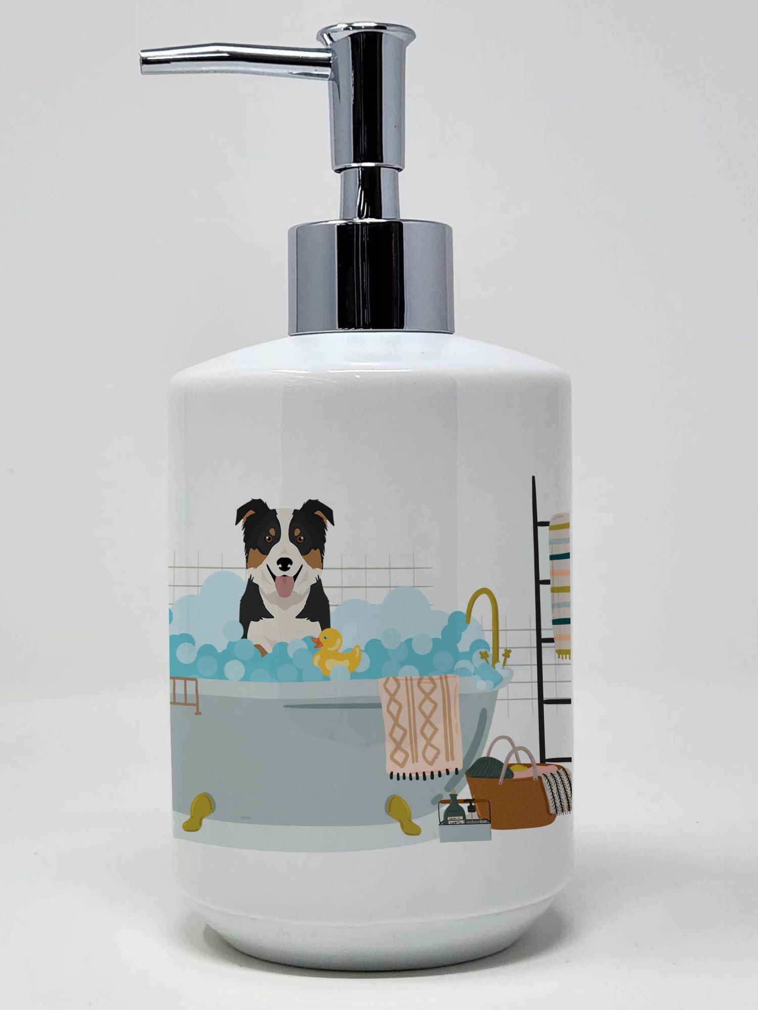 Tricolor Border Collie Ceramic Soap Dispenser Hand Soap Dispenser Pump Bottles for Bathroom Kitchen, Empty Refillable Liquid Soap Container