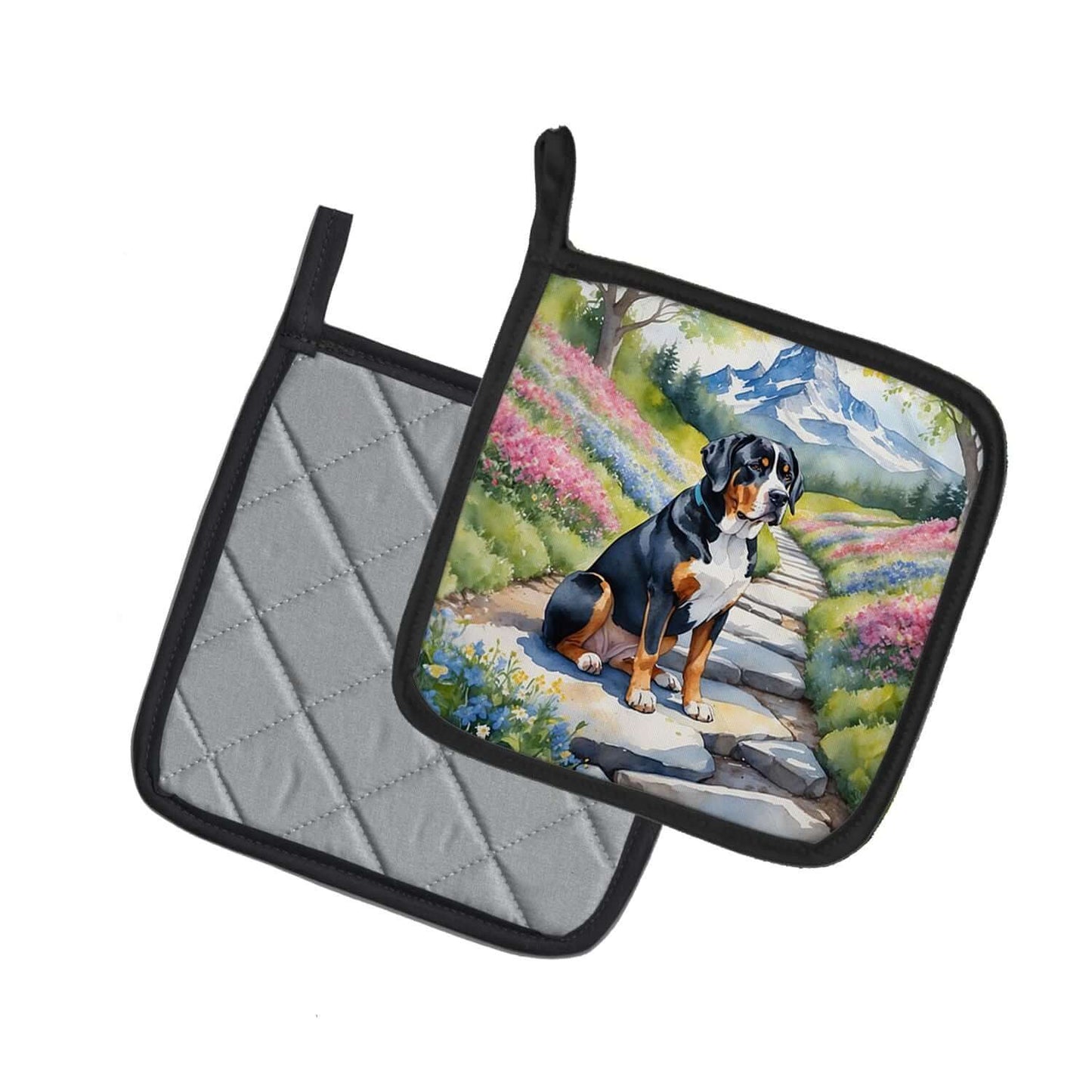 Greater Swiss Mountain Dog Spring Path Pair of Pot Holders Kitchen Heat Resistant Pot Holders Sets Oven Hot Pads for Cooking Baking BBQ, 7 1/2 x 7 1/2