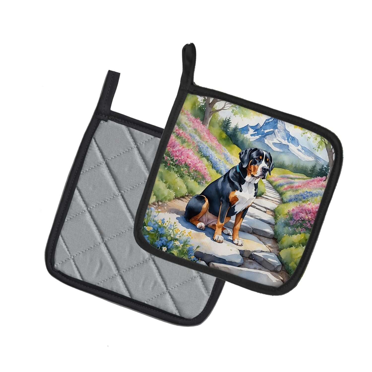 Greater Swiss Mountain Dog Spring Path Pair of Pot Holders Kitchen Heat Resistant Pot Holders Sets Oven Hot Pads for Cooking Baking BBQ, 7 1/2 x 7 1/2