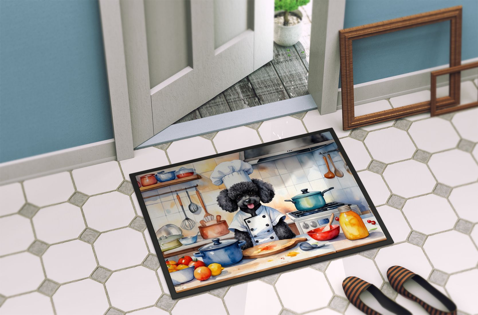 Black Poodle The Chef Doormat Front Door Mat Indoor Outdoor Rugs for Entryway, Non Slip Washable Low Pile, 24H X 36W