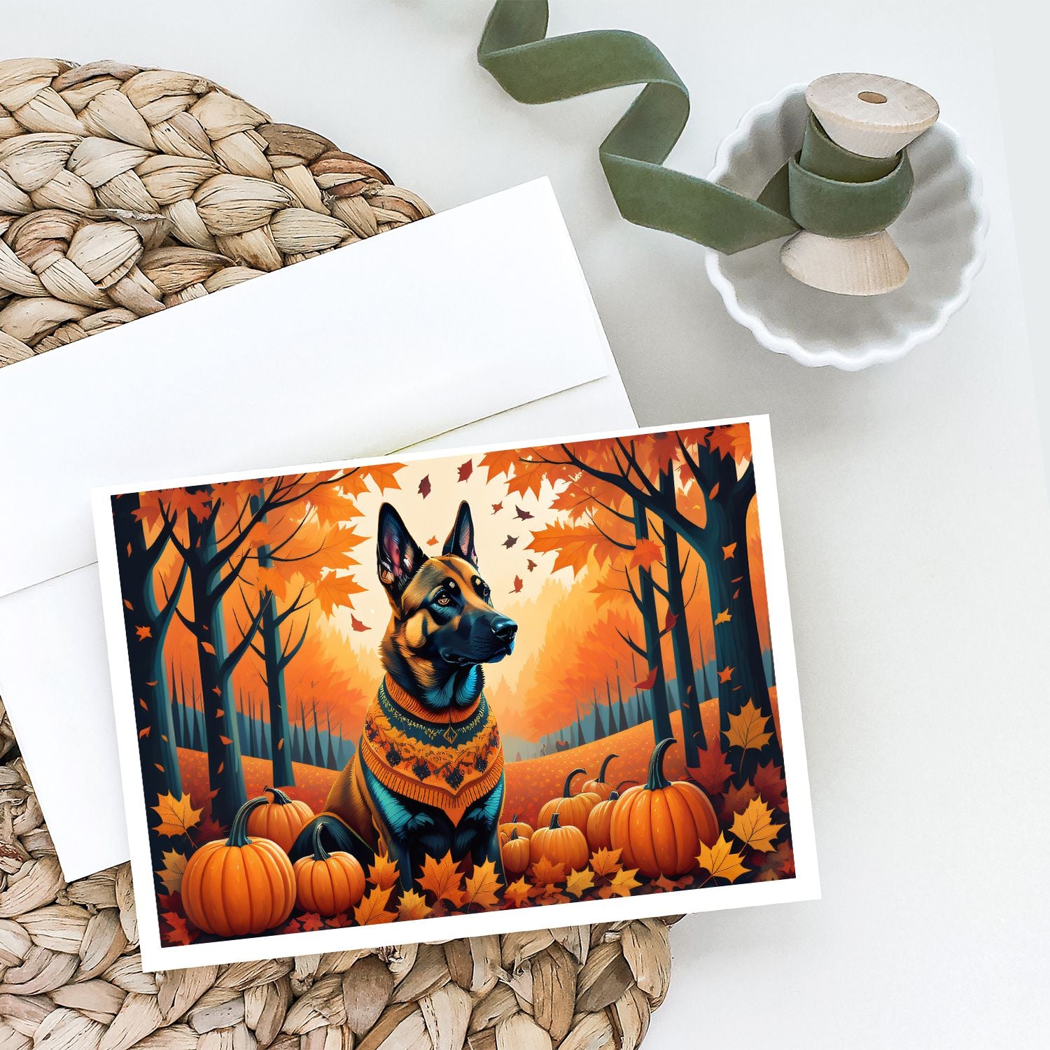Belgian Malinois Fall Greeting Cards Pack of 8 Blank Cards with Envelopes Whimsical A7 Size 5x7 Blank Note Cards