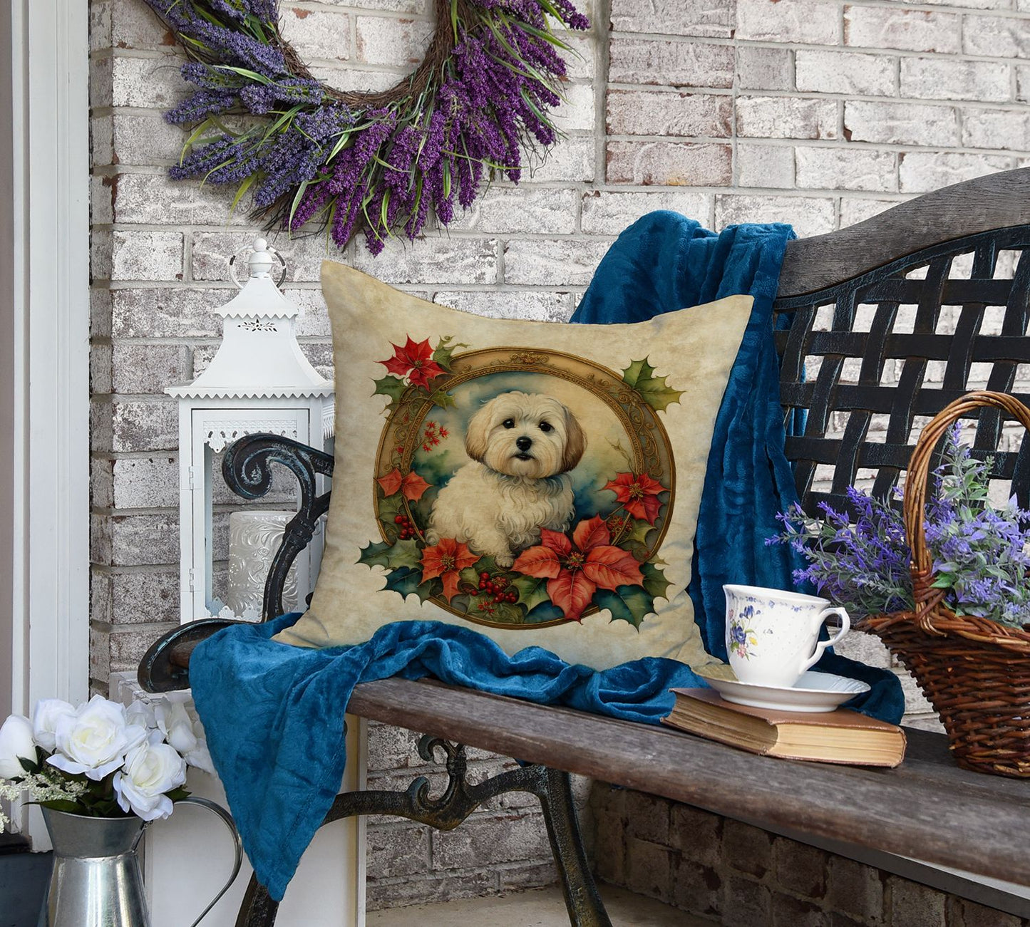 Coton De Tulear Christmas Flowers Throw Pillow Machine Washable, Indoor Outdoor Decorative Pillow for Couch, Bed or Patio, 18Hx18W