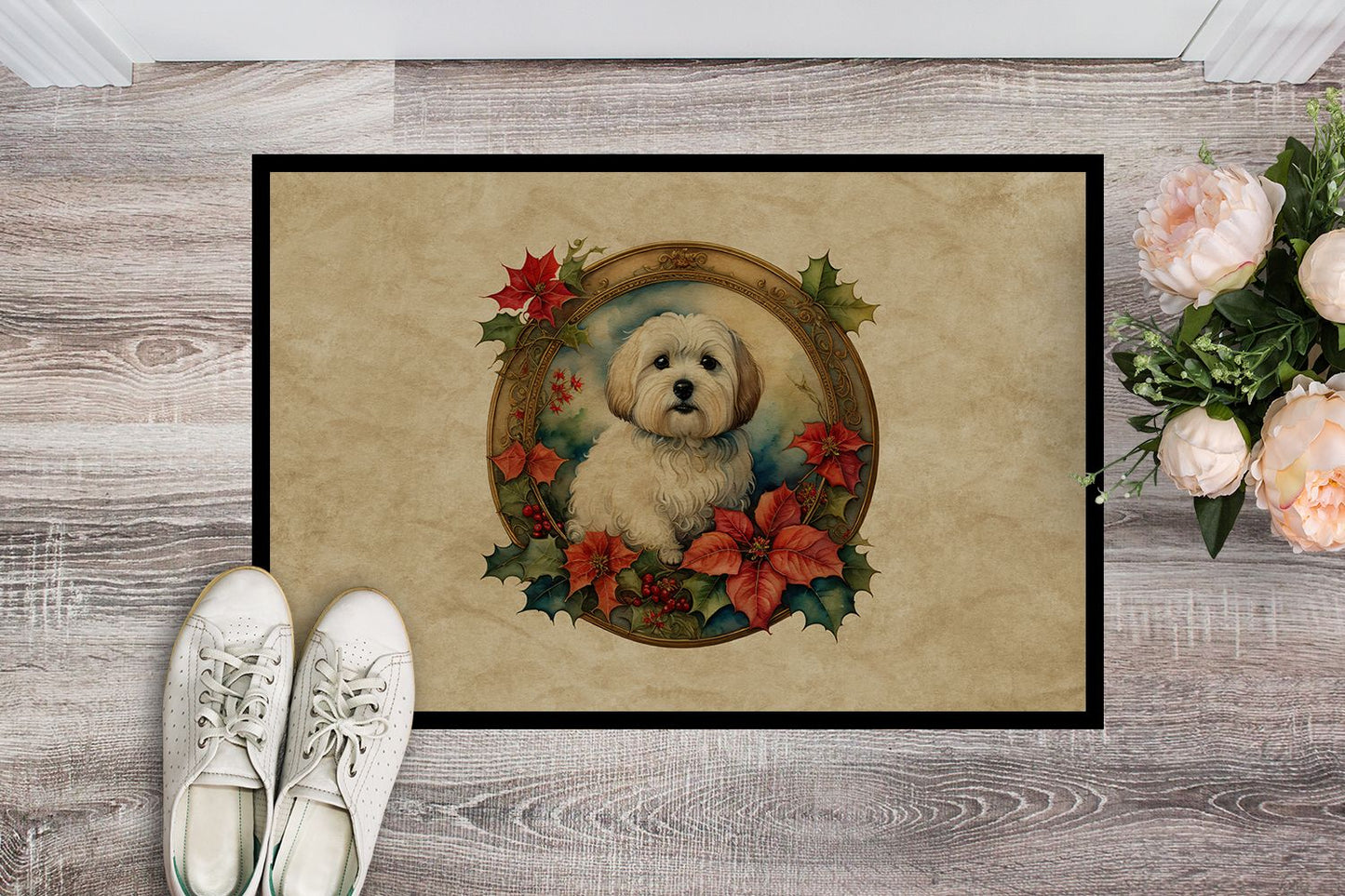 NEW Coton De Tulear Christmas Flowers Doormat Front Door Mat Indoor Outdoor Rugs for Entryway, Non Slip Washable Low Pile, 18H X 27W