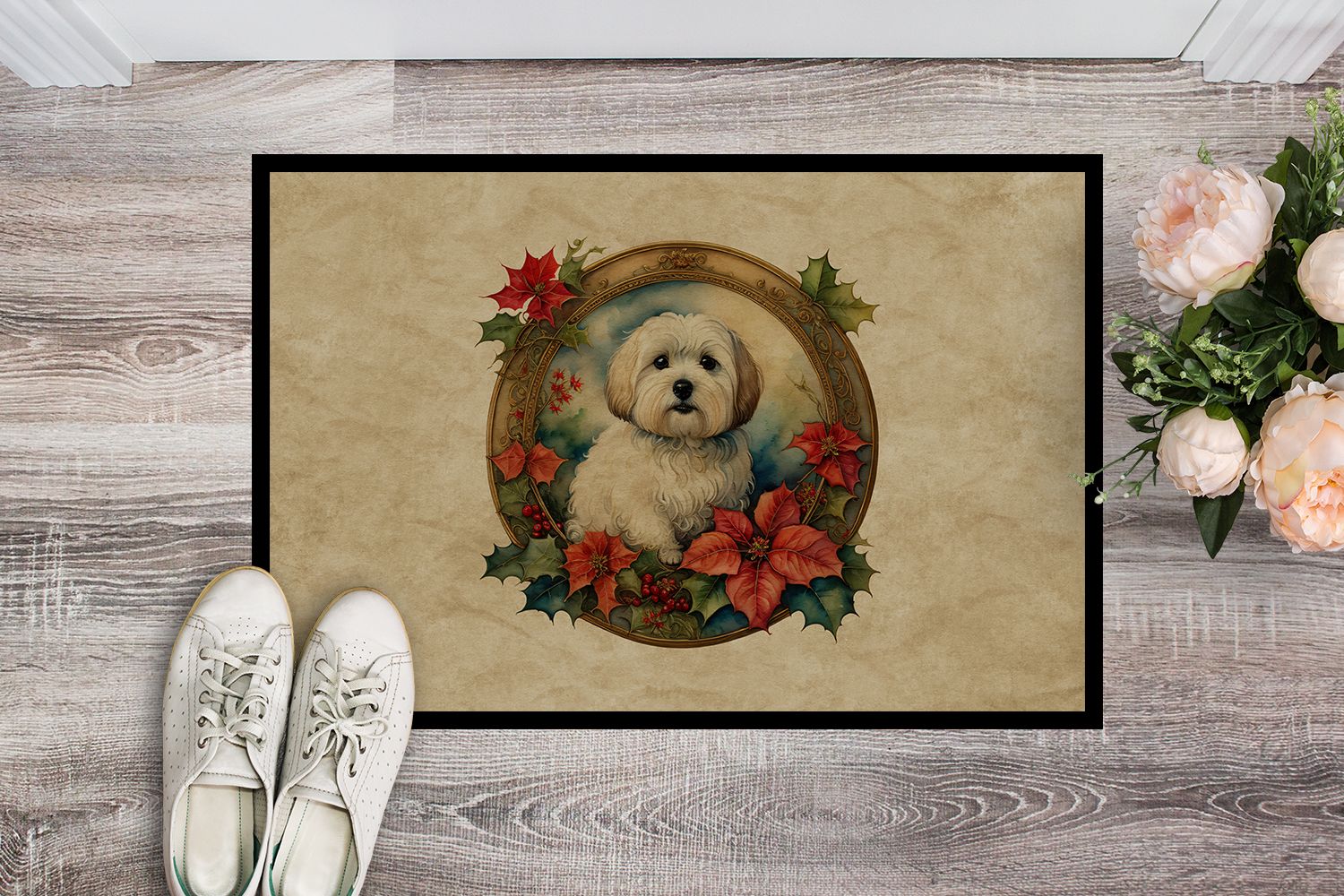 NEW Coton De Tulear Christmas Flowers Doormat Front Door Mat Indoor Outdoor Rugs for Entryway, Non Slip Washable Low Pile, 18H X 27W