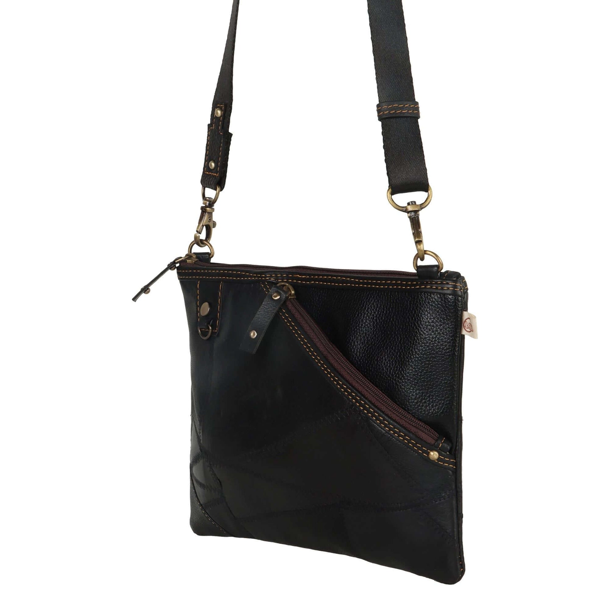 Grayson Wide Crossbody made with upcycled leather + premium vegan leather w/ stylish slanted Front Pocket