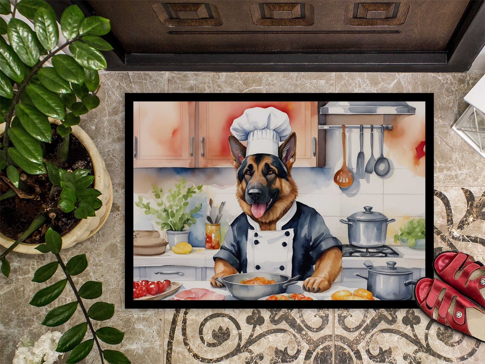 German Shepherd The Chef Doormat Front Door Mat Indoor Outdoor Rugs for Entryway, Non Slip Washable Low Pile, 24H X 36W