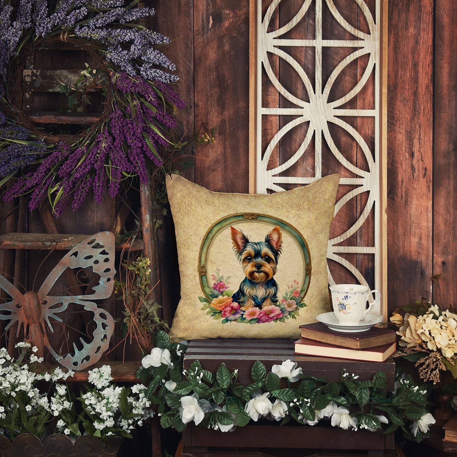 Yorkshire Terrier and Flowers Throw Pillow Machine Washable, Indoor Outdoor Decorative Pillow for Couch, Bed or Patio, 14Hx14W