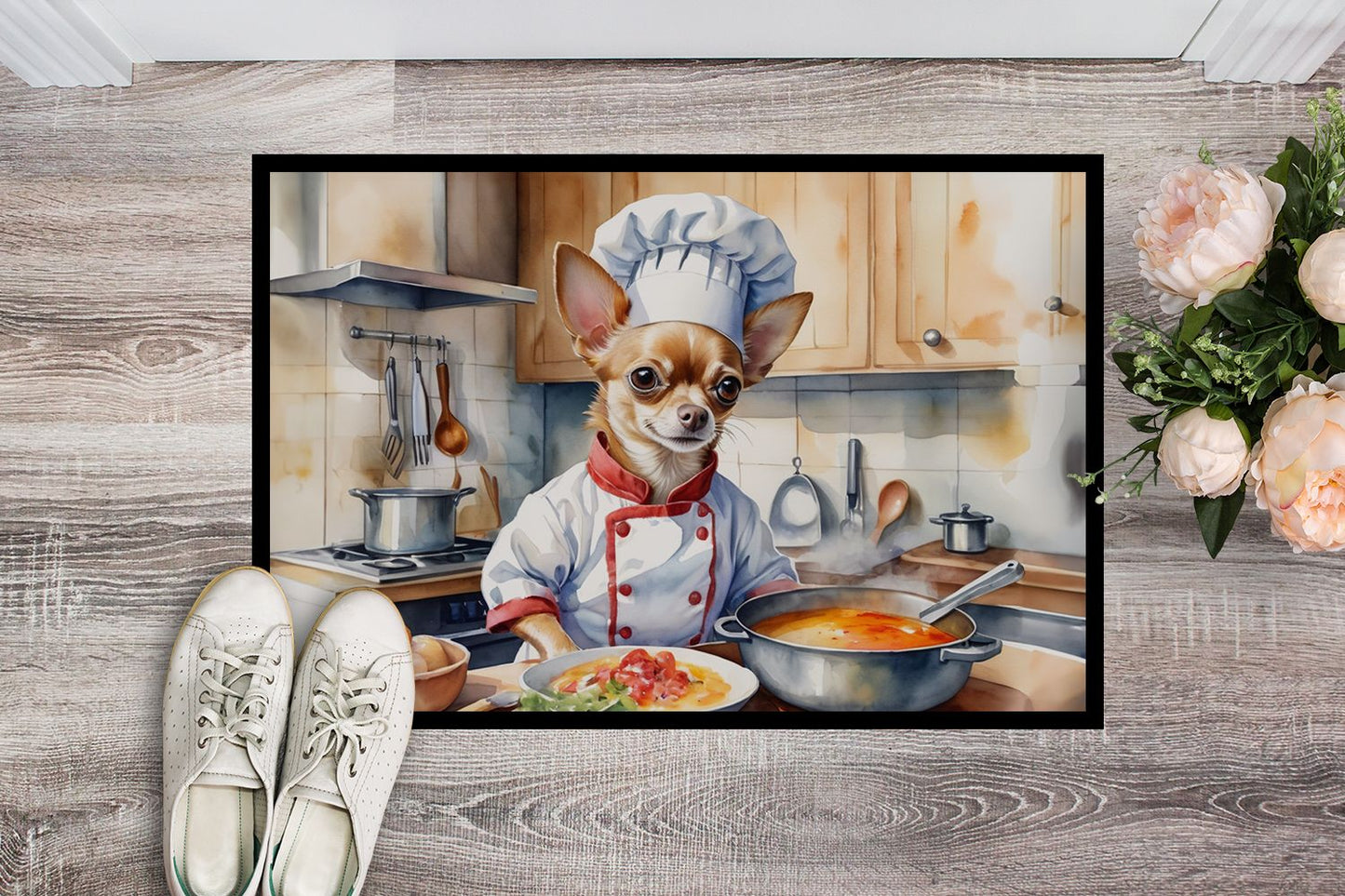 Chihuahua The Chef Doormat Front Door Mat Indoor Outdoor Rugs for Entryway, Non Slip Washable Low Pile, 24H X 36W