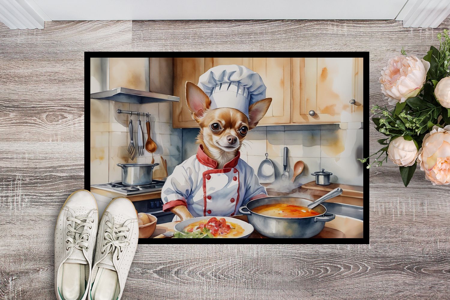 Chihuahua The Chef Doormat Front Door Mat Indoor Outdoor Rugs for Entryway, Non Slip Washable Low Pile, 24H X 36W