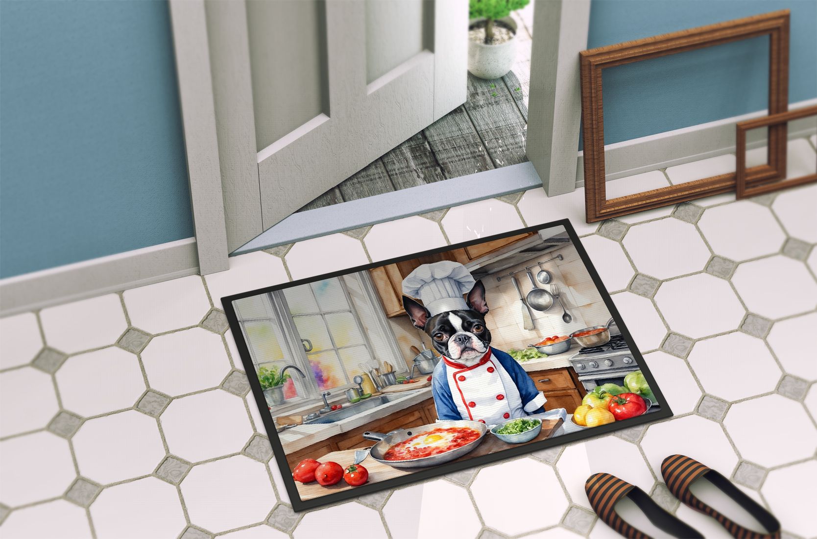 Boston Terrier The Chef Doormat Front Door Mat Indoor Outdoor Rugs for Entryway, Non Slip Washable Low Pile, 24H X 36W