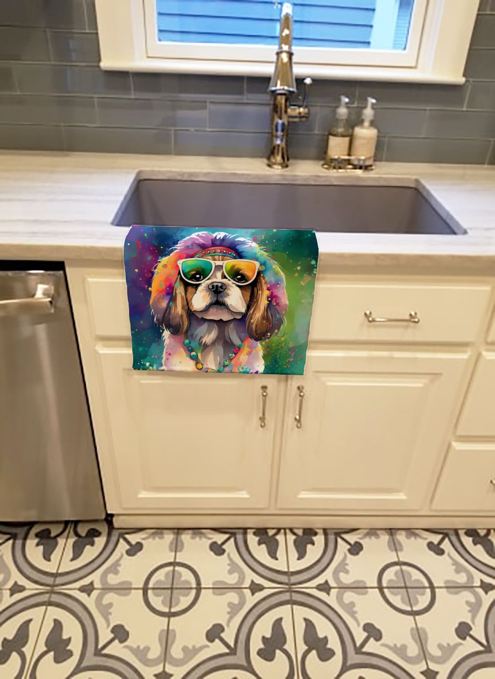 Shih Tzu Hippie Dawg Kitchen Towel Dish Cloths Guest Hand Towel Decorative Bathroom Towel for Face,Tea, Dishcloth, Kitchen and Bath