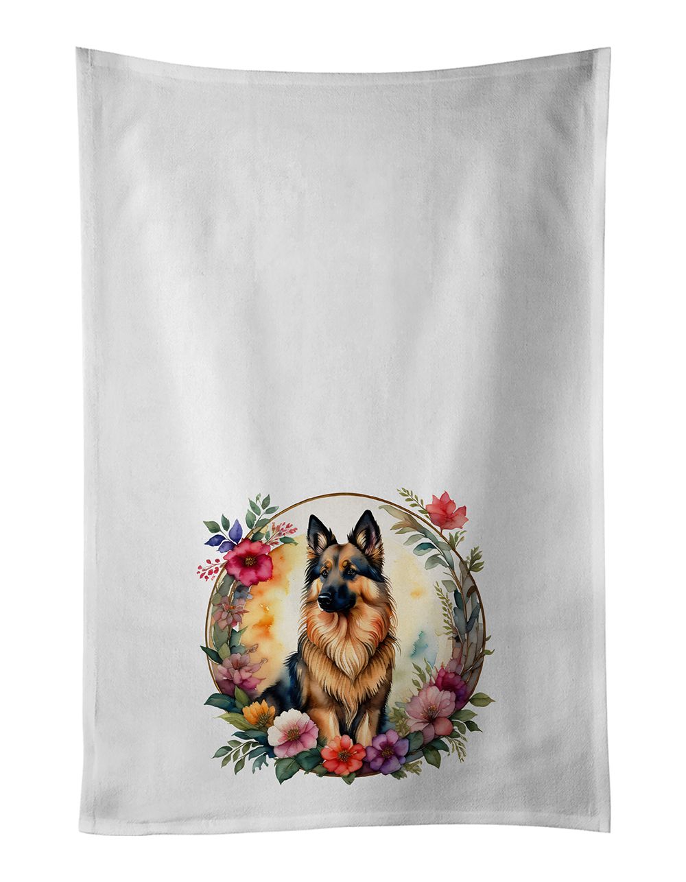 Belgian Tervuren and Flowers Kitchen Towel Set of 2 White Dish Towels Decorative Bathroom Hand towel for Hand, Face, Hair, Yoga, Tea, Dishcloth, 19 X 28", White