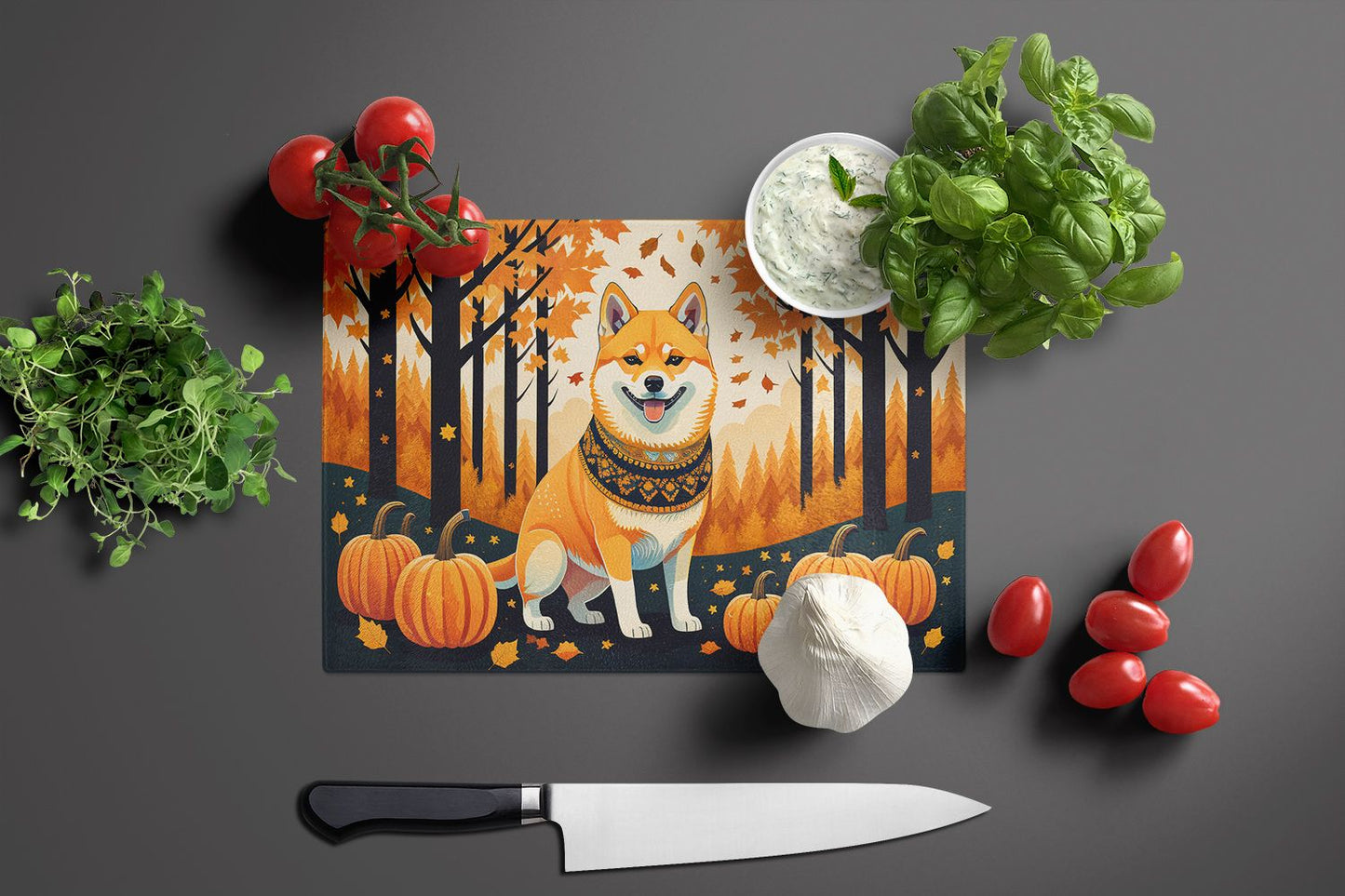 NEW Shiba Inu Fall Glass Cutting Board Decorative Tempered Glass Kitchen Cutting and Serving Board Large Size Chopping Board