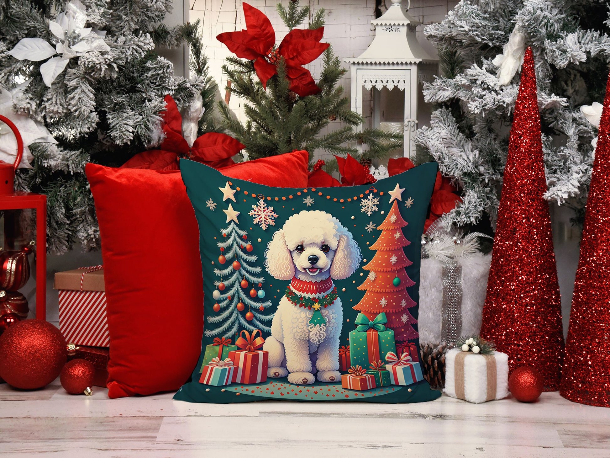 White Toy Poodle Christmas Throw Pillow Machine Washable, Indoor Outdoor Decorative Pillow for Couch, Bed or Patio, 14Hx14W