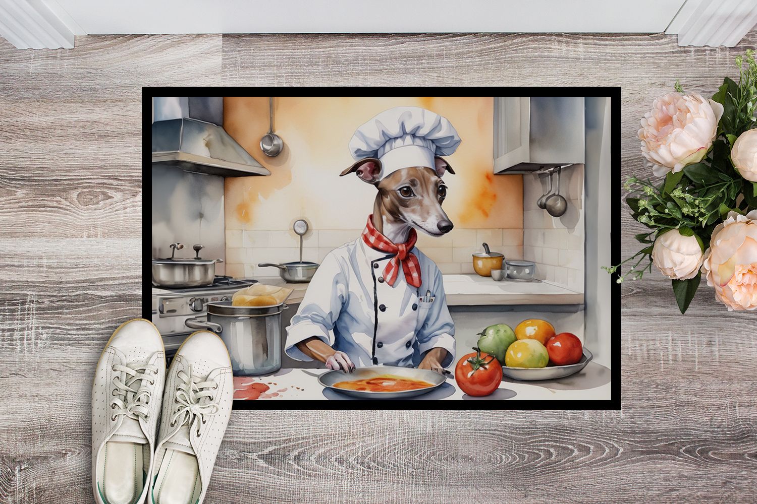 Italian Greyhound The Chef Doormat Front Door Mat Indoor Outdoor Rugs for Entryway, Non Slip Washable Low Pile, 24H X 36W