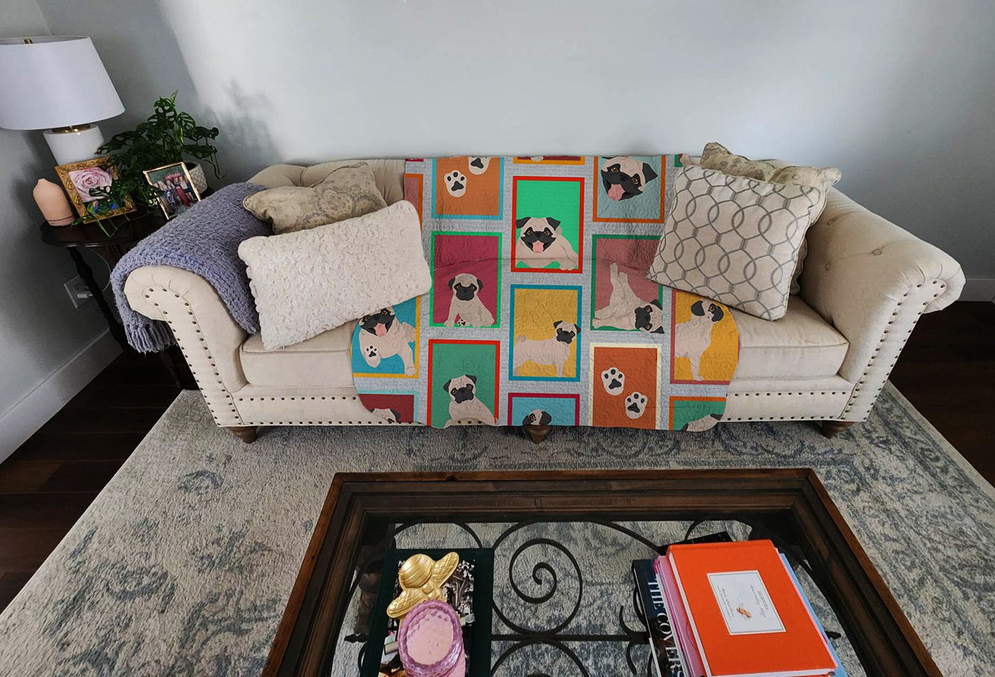 Lots of Fawn Pug Quilted Blanket 50x60 Artwork Pattern Quilted Throw Blanket for Bed, Couch, Sofa, Soft and Lightweight
