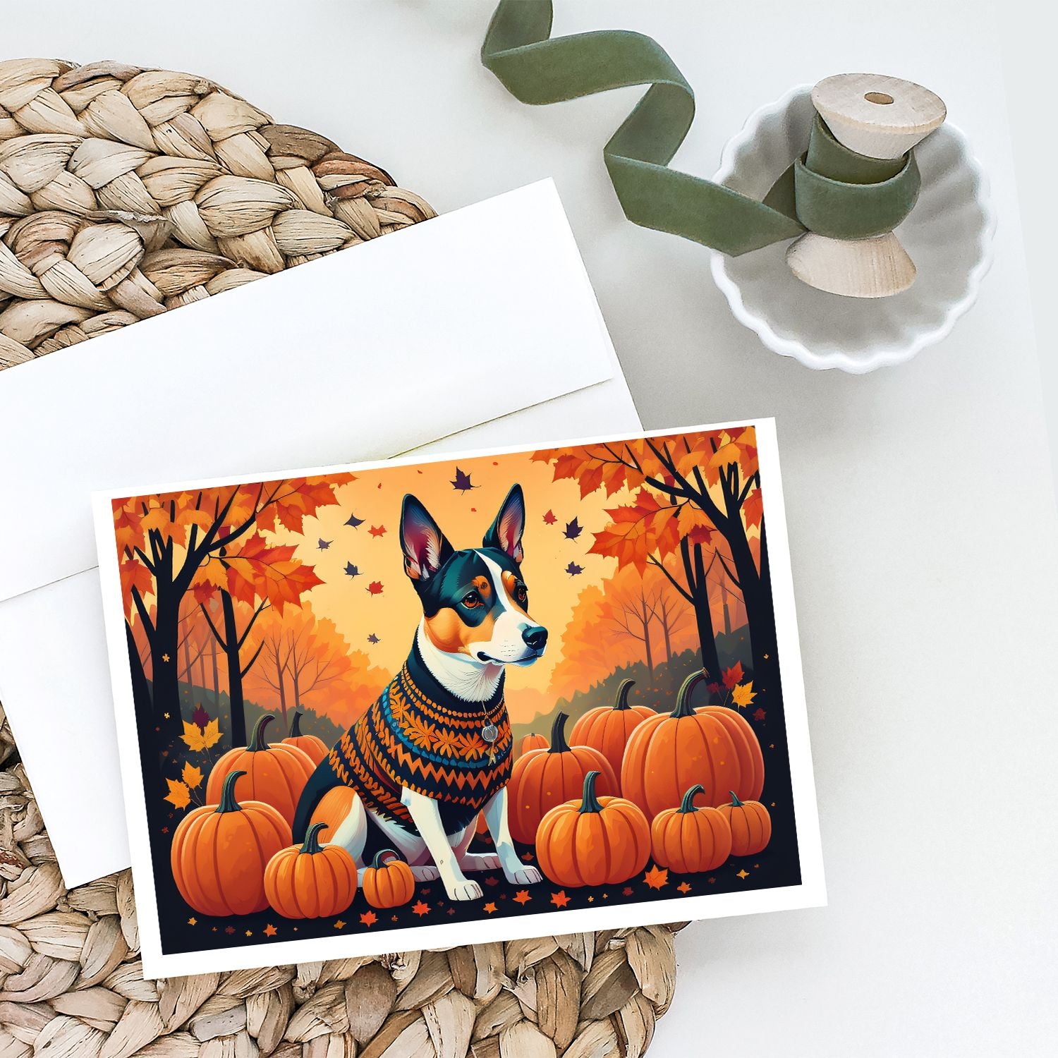 Basenji Fall Greeting Cards Pack of 8 Blank Cards with Envelopes Whimsical A7 Size 5x7 Blank Note Cards