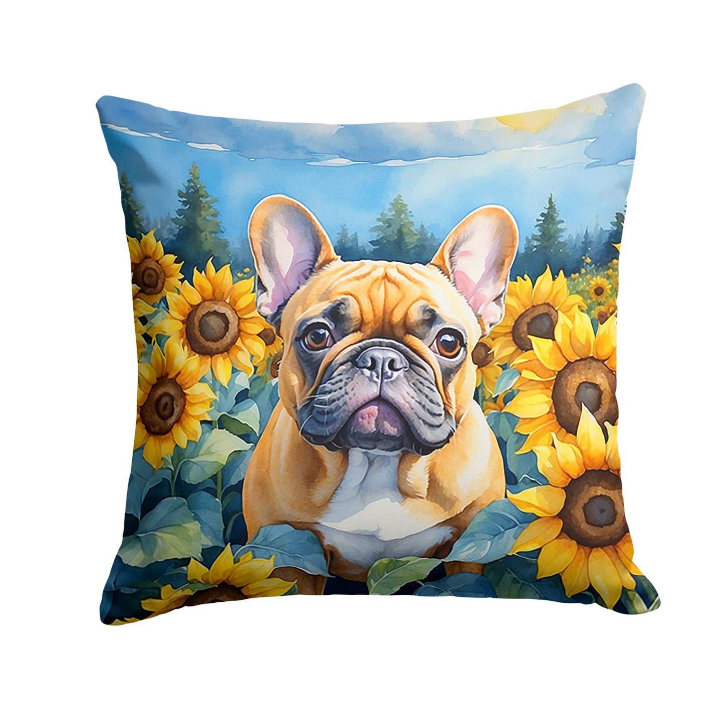 French Bulldog in Sunflowers Throw Pillow Machine Washable, Indoor Outdoor Decorative Pillow for Couch, Bed or Patio, 14Hx14W